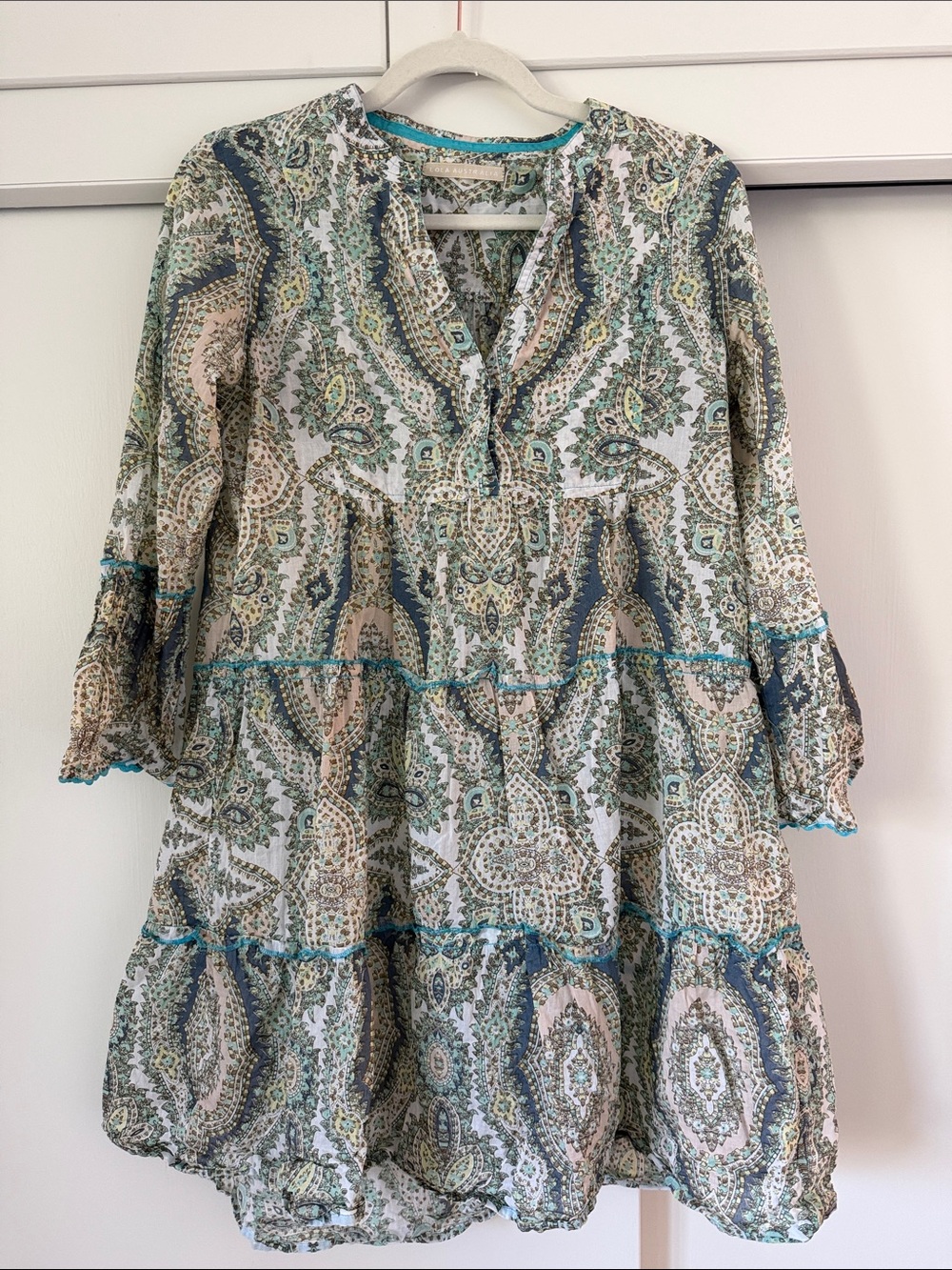 LOLA AUSTRALIA Boho Paisley Tiered Tunic Dress in Teal & Cream